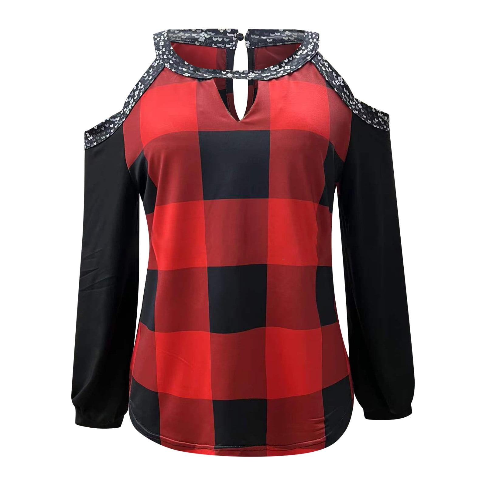 Women Fashion Round Neck Off Shoulder Stitching Plaid Print Loose