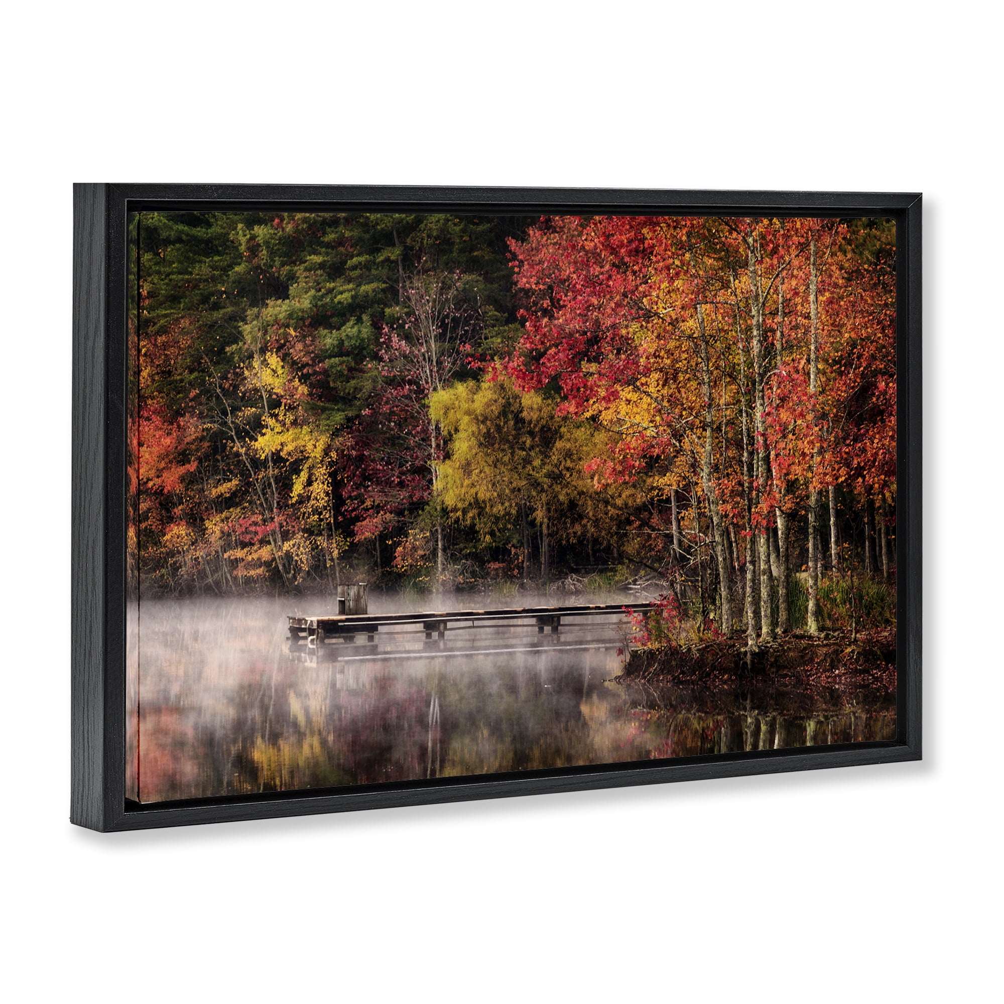 Stupell Industries Autumn Dock Landscape Landscape & Nature Photography Black Floater Framed Canvas Art Print Wall Art, 25 x 17