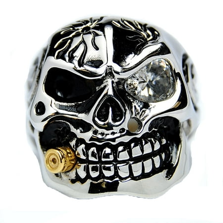 Men's Casted Stainless Steel Skull Ring with Cubic Zirconia & Bullet Halloween Sizes 9 to 15