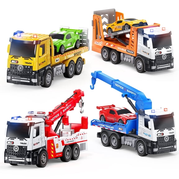 Gelomee 4 PCS Alloy Construction Trucks Toy for Kids,  Emergency Tow Truck Toys for Toddlers  2-4 Years, Birthday Gift for Boy 3-8 Years Old
