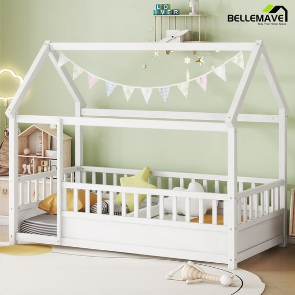 Bellemave Twin Size House Floor Bed with High Fence Guardrails Wooden Playhouse Bed Frame Twin Floor Bed with Roof Montessori House Bed Frame (Twin, White)