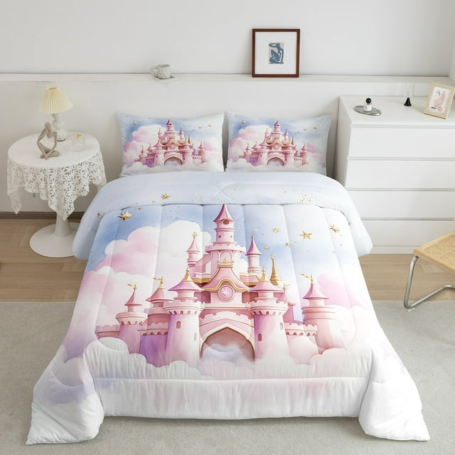 Erosebridal Princess Castle Bedding Twin Comforter Set, Light Pink Down Comforter, Cartoon Cloud Star Decor, Reversible 2-Piece