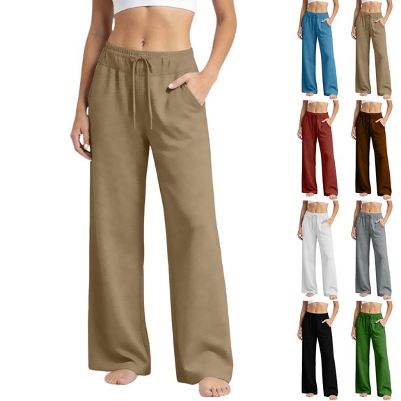 Women Soft Knit Wide Leg Pants Sevevn Elastic Drawstring High Waist Loose Fit Trousers With Side Pockets, Assorted Solid Colors For Lounging Sleepwear And Daily Casual Home Outfits