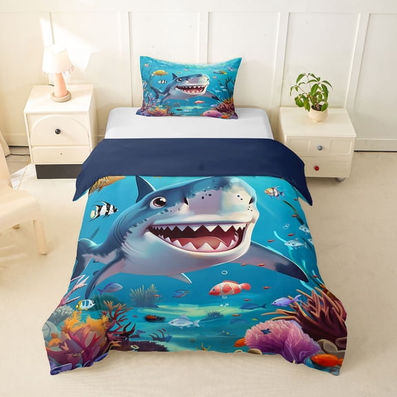 Feelyou Kawaii Cute Cartoon Shark Coral Sea Twin Bedding for Girls Boys, Tropical Underwater Marine Duvet Cover Set, Blue, Blue Reversible, 1 Duvet Cover and 1 Pillowcase (No Comforter)