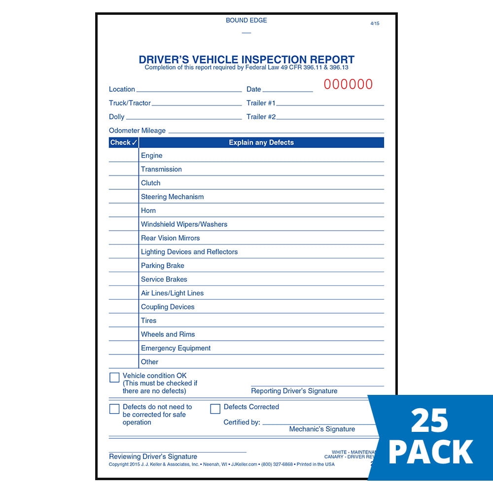 Simplified Driver Vehicle Inspection Report 25pk. Book