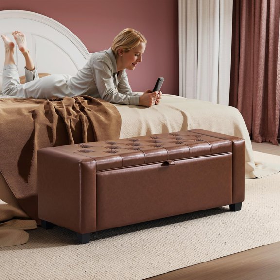 Tufted Leather Brown Storage Ottoman Bench, Upholstered Flip-Top End