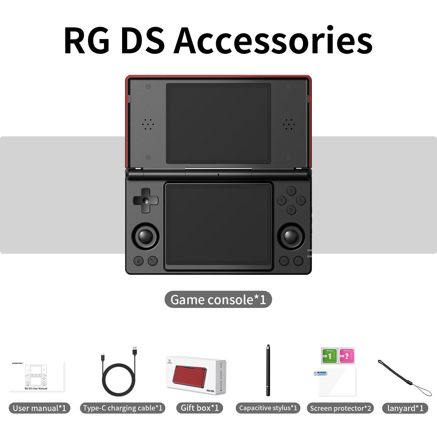 RG DS Handheld Game Consoles RG DS Gaming Console Dual-screen Video Game Console Android 14 Portable Pocket Arcade 40000mAh Battery WiFi Bluetooth HD Output Black