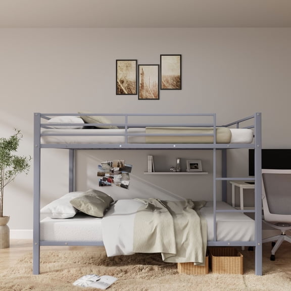 MAYEERTY Full Over Full Metal Bunk Bed, Low Profile Bed Frame with Built-in Ladder and Full Length Guardrails, Space Saving for Kids Teens Dorm Room