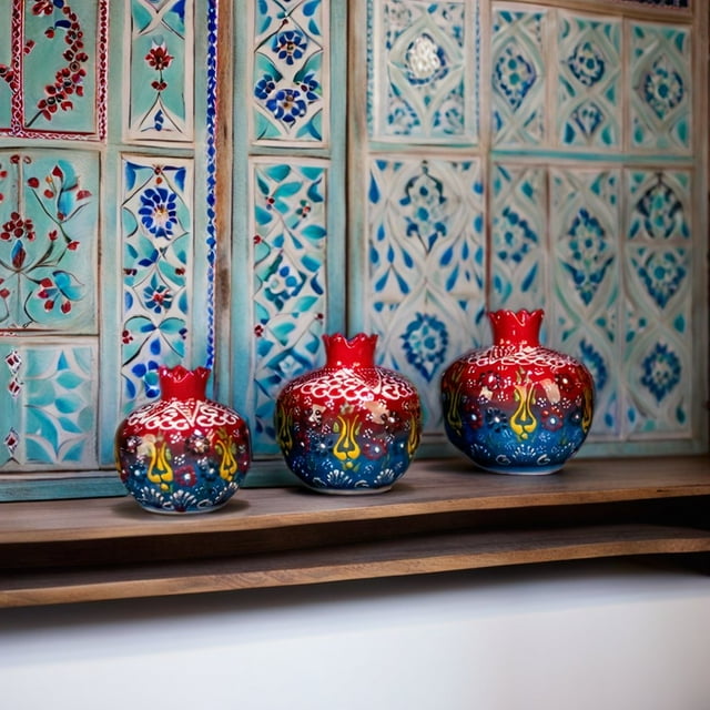 Handmade Turkish Ceramic Pomegranate Vase Set - 3-Piece Colorful Decorative Accents for Home, Tabletop, Shelf, or Gift Vases