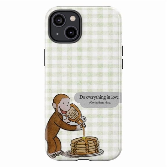 Green Gingham Curious Monkey Pancake Phone Case, Cute Christian Inspirational Case for iPhone 17 16 15 14 13 12 11 Plus Pro Max Mini