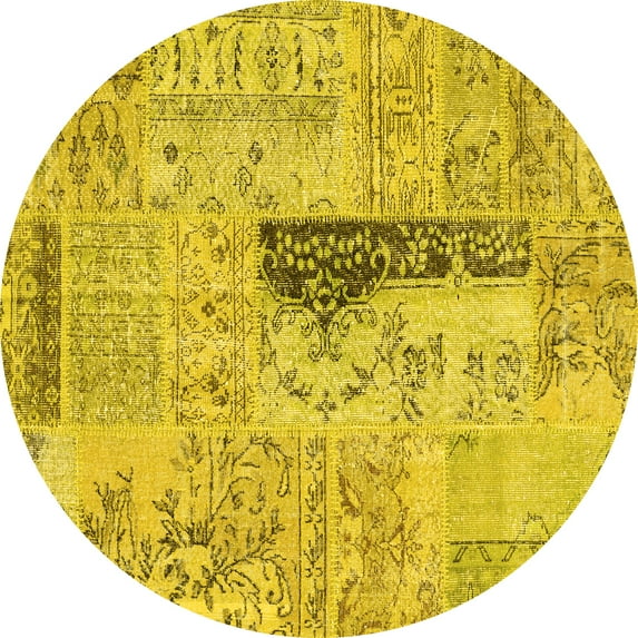 Ahgly Company Machine Washable Indoor Round Patchwork Yellow Transitional Area Rugs, 5' Round
