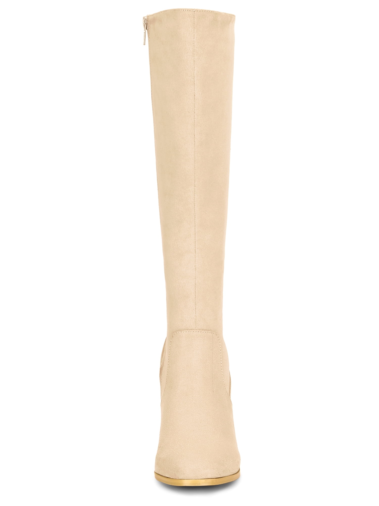 DARING DIVA Women's Stylish Side Zipper Chunky Heel Knee High Boots Beige 9