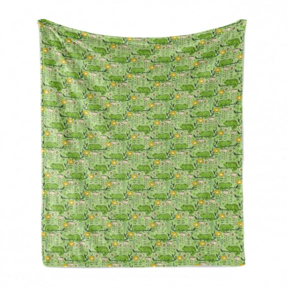 Flower Soft Flannel Fleece Blanket, Illustration with Chameleon on Branches Hearts and Flowers on Pale Backdrop, Cozy Plush for Indoor and Outdoor Use, 70" x 90", Mustard Cream Green, by Ambesonne