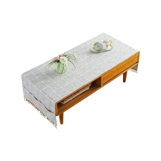Cotton Linen Tablecloth Rectangular TV Cabinet Coffee Desktop Fringe Waterproof Table Cloth for Dining Hall Garden 70*180cm Embroider/Light gray