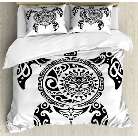 Turtle Duvet Cover Set Queen Size Tribal Hawaiian Pattern Tropic