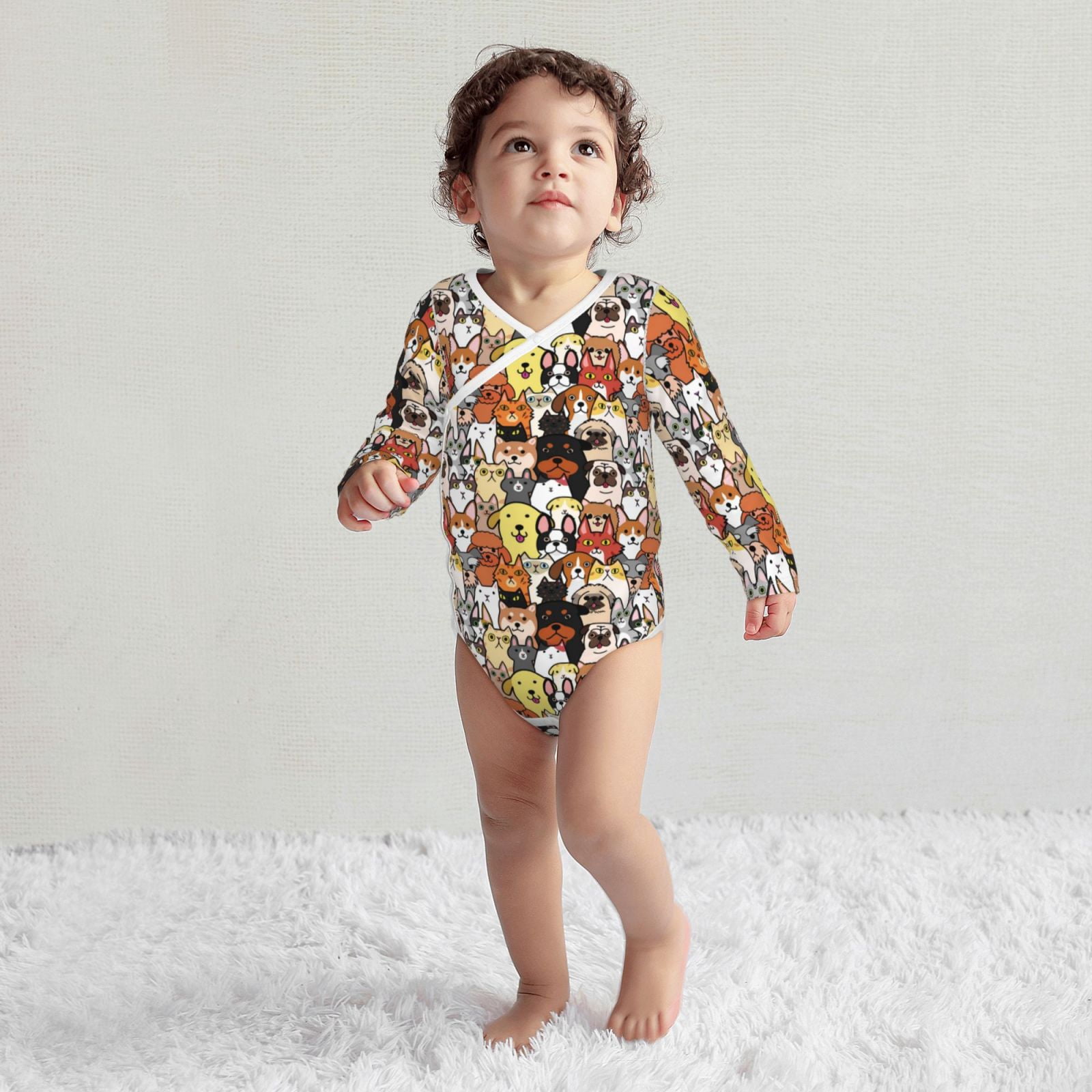 Xecao Cats & Dogs Group Print Baby unisex-baby Cotton Long-sleeve Bodysuits-12 Months