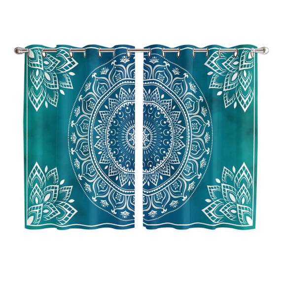Teal Blue Boho Kitchen Curtains 72 Inch Length, Retro White Rustic Flower Ethnic Pattern Grommet Top Bedroom Living Room Curtains, Light Filtering Cafe Curtain Drapes 2 Panels Set 104''x72''