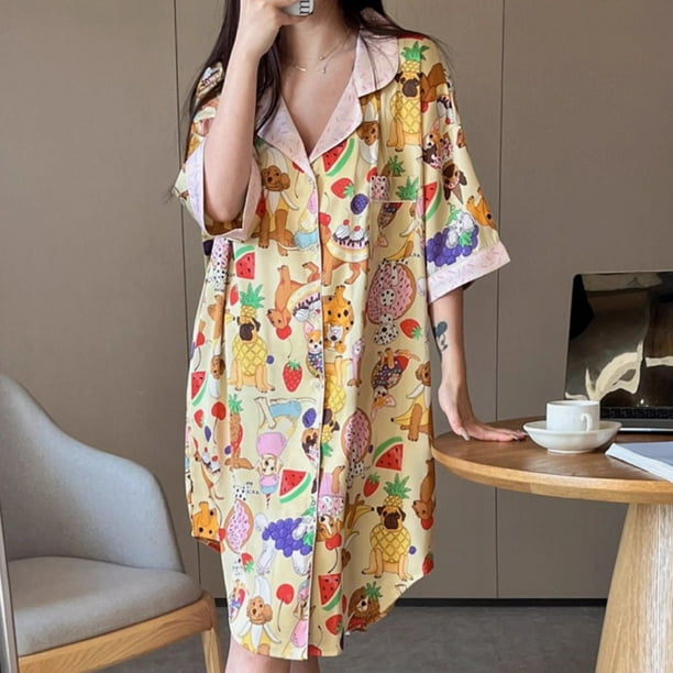 Camisones de dibujos animados de verano para mujer, ropa de dormir de animales, falda de seda de hielo, cárdigan cómodo, ropa de casa, lencería de moda, bata de noche
