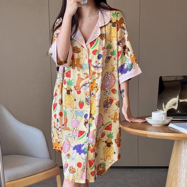 Camisones de dibujos animados de verano para mujer, ropa de dormir de animales, falda de seda de hielo, cárdigan cómodo, ropa de casa, lencería de moda, bata de noche