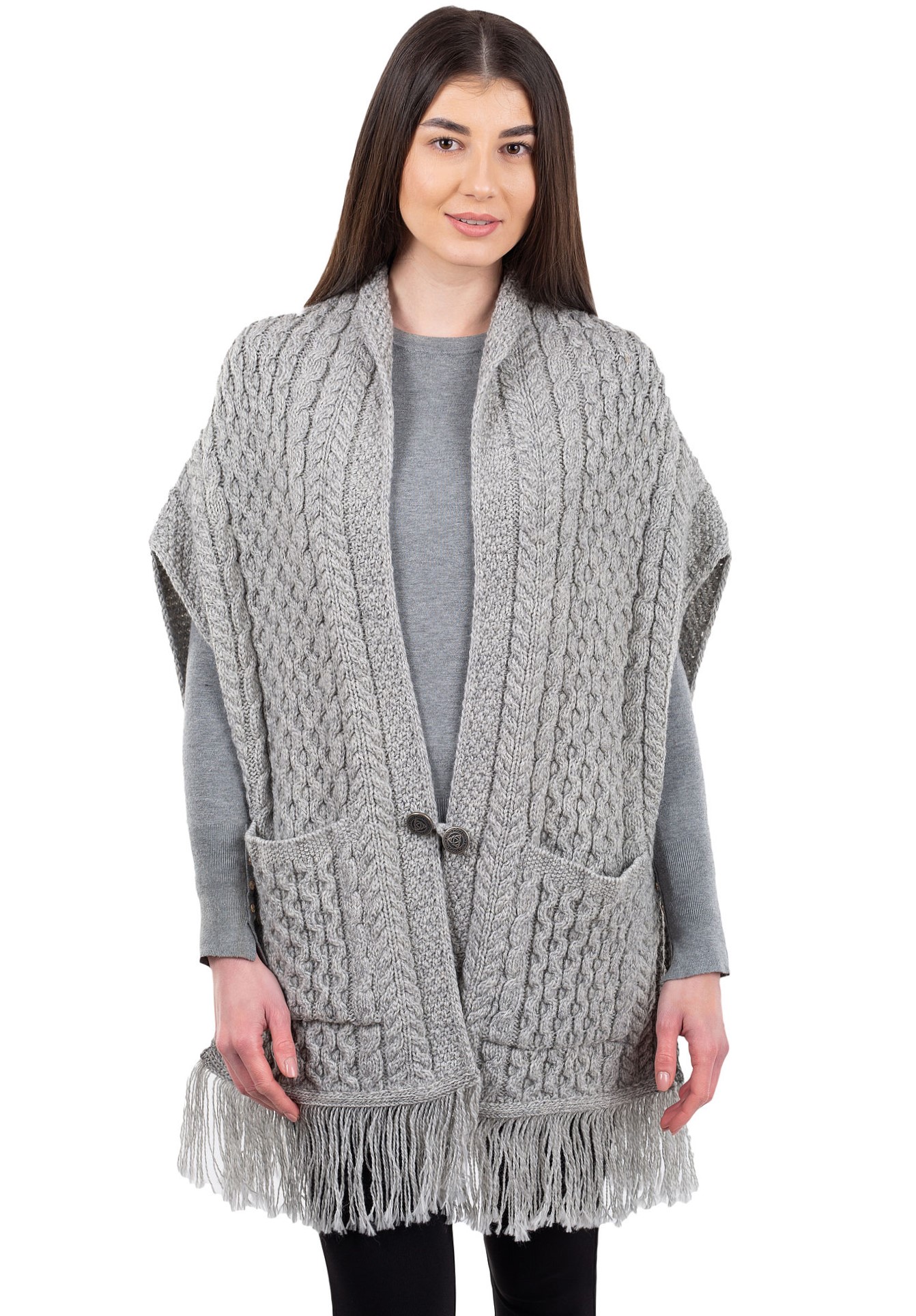 SAOL 100% Merino Wool Shawl Poncho - Machine Washable Aran Knit With Pockets & Fringe