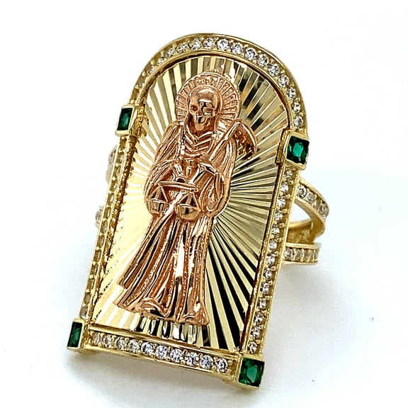 14K Two Tone Diamond Cut CZ Santa Muerte Ring
