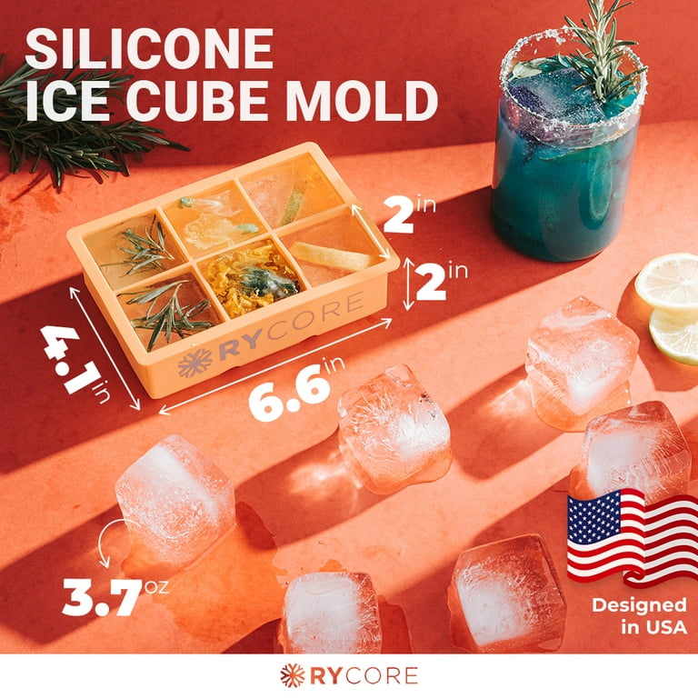 Large Ice Cube Tray for Whiskey Cocktail - 2 Square Silicone Mold,  Dishwasher & Oven Safe Ice Trays - Orange 