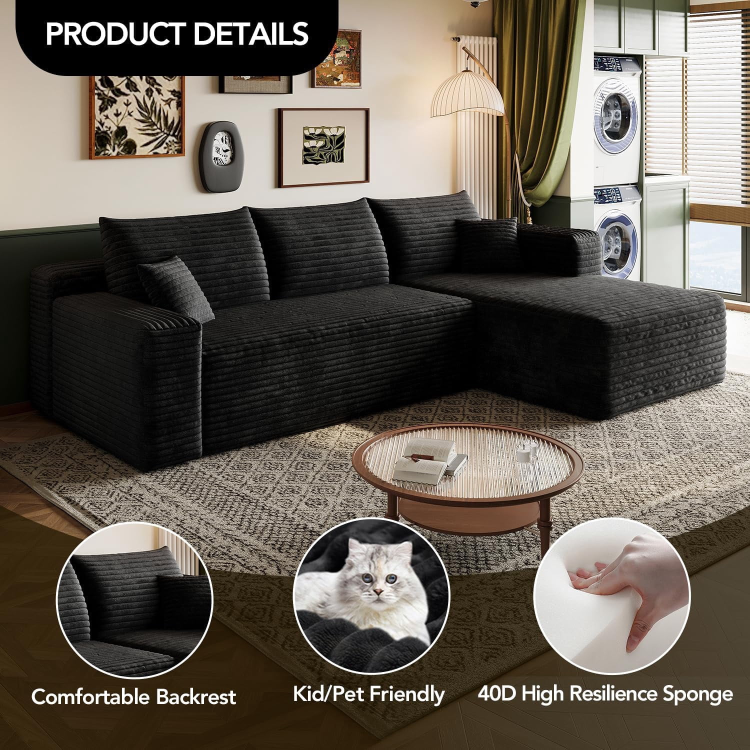 103" Cloud Sectional Sofa, Modern L Shaped Deep Seat Couch, Plush Corduroy Upholstered Sofa No Assembly, Living Room