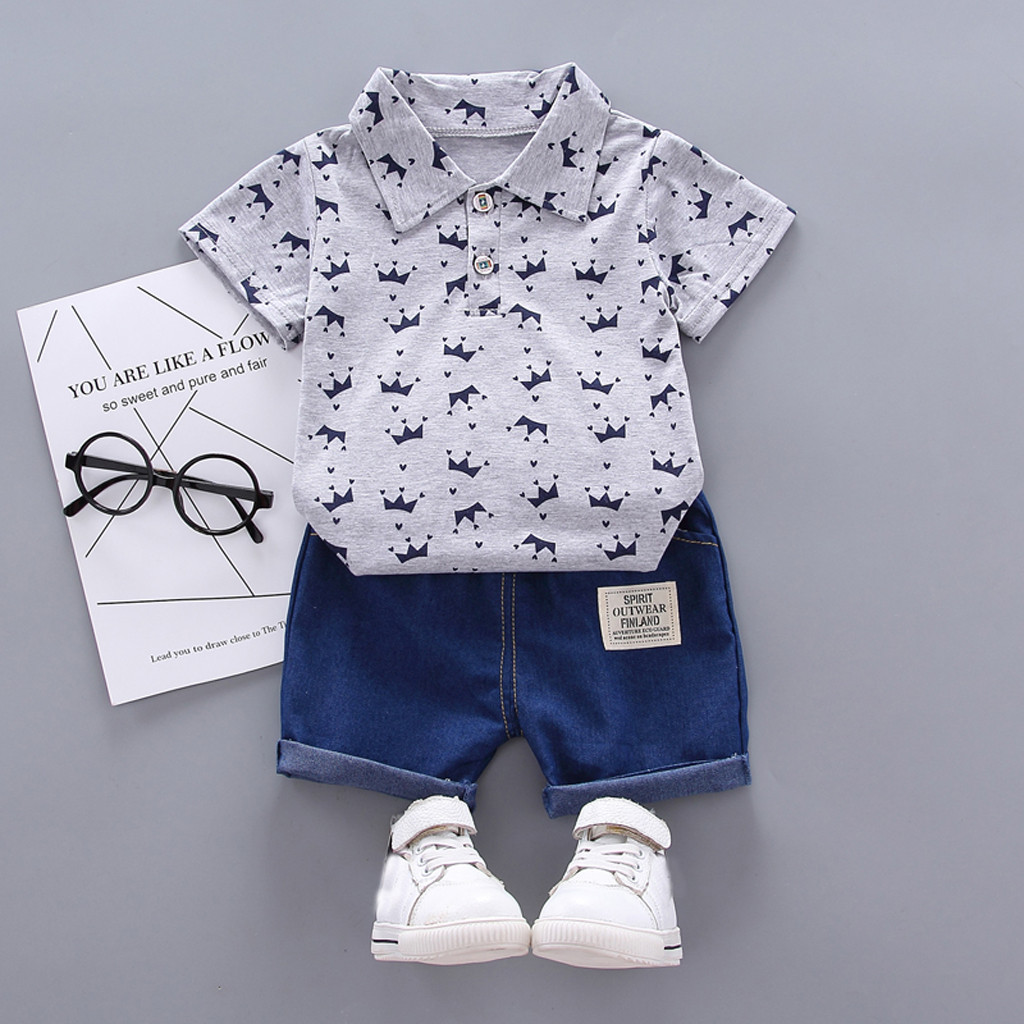 Toddler Kids Baby Boy Short Sleeve Crown Pattern Shirt Tops+ Denim Pants  Set CHMORA