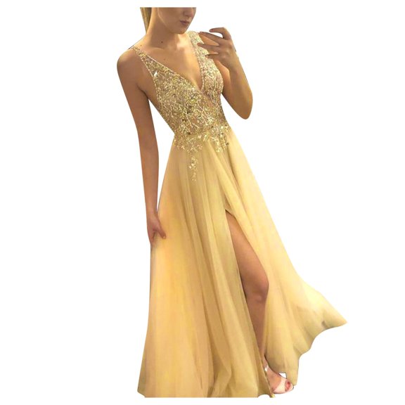 Ketyyh-chn99 Womens Dress Wedding Dress Maxi Dress Evening Party Elegant Dresses Formal Evening Gown for Wedding Guest Gold,L