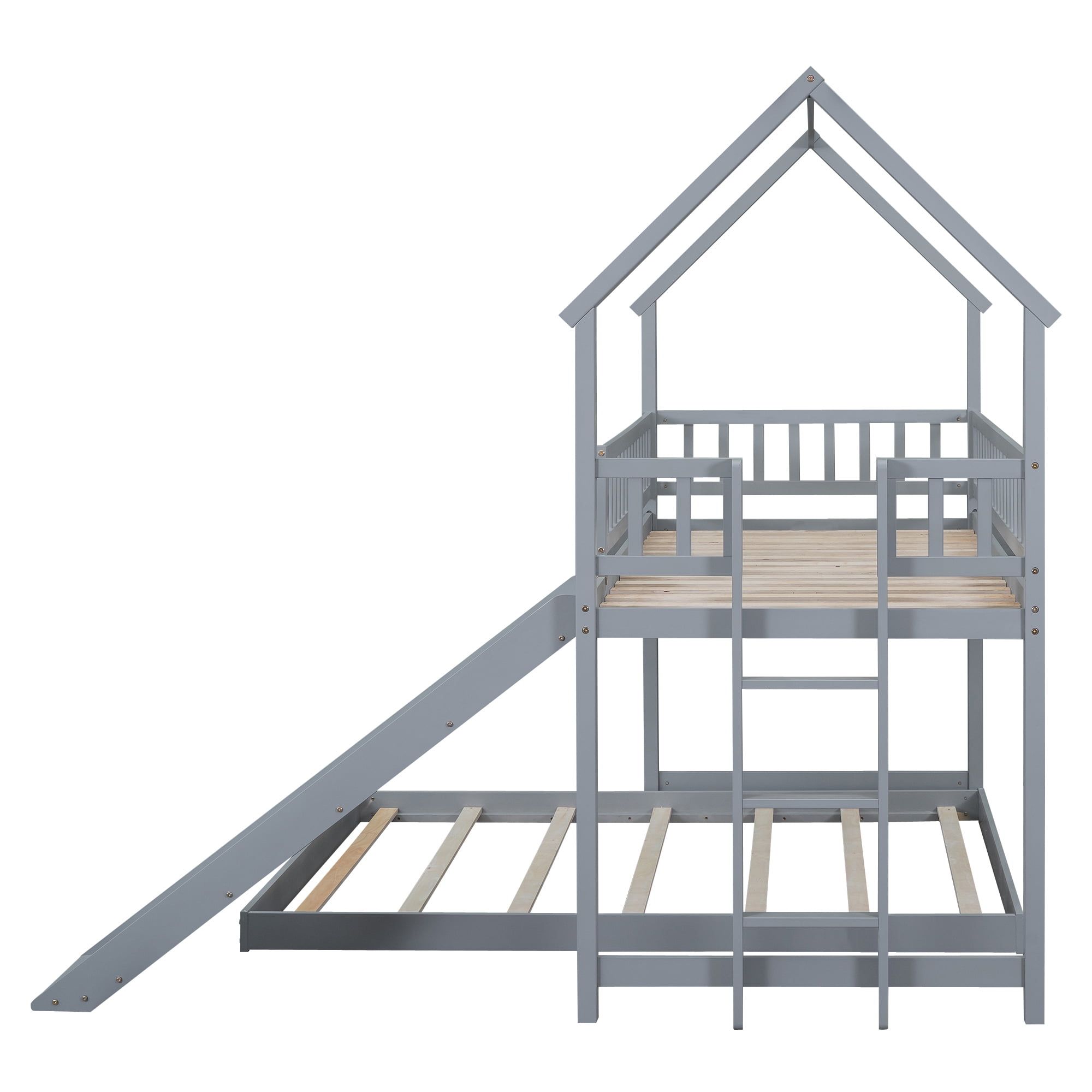 Euroco Modern Wood Twin over Full House Bunk Bed for Kids Teens Bedroom, Gray