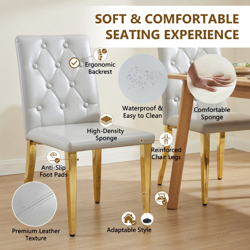 Hommoo 2-Pack PU Dining Chairs with Ergonomic Buckle Backrest & Metal Legs, 35" Height, Modern Luxury Design for Restaurants, Banquet Halls & Home Dining, Light Gray & Gold