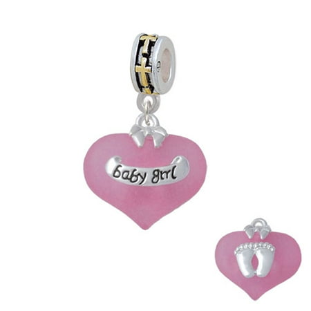 Baby Girl Pink Heart with Baby Feet - Gold Tone Cross Charm Bead