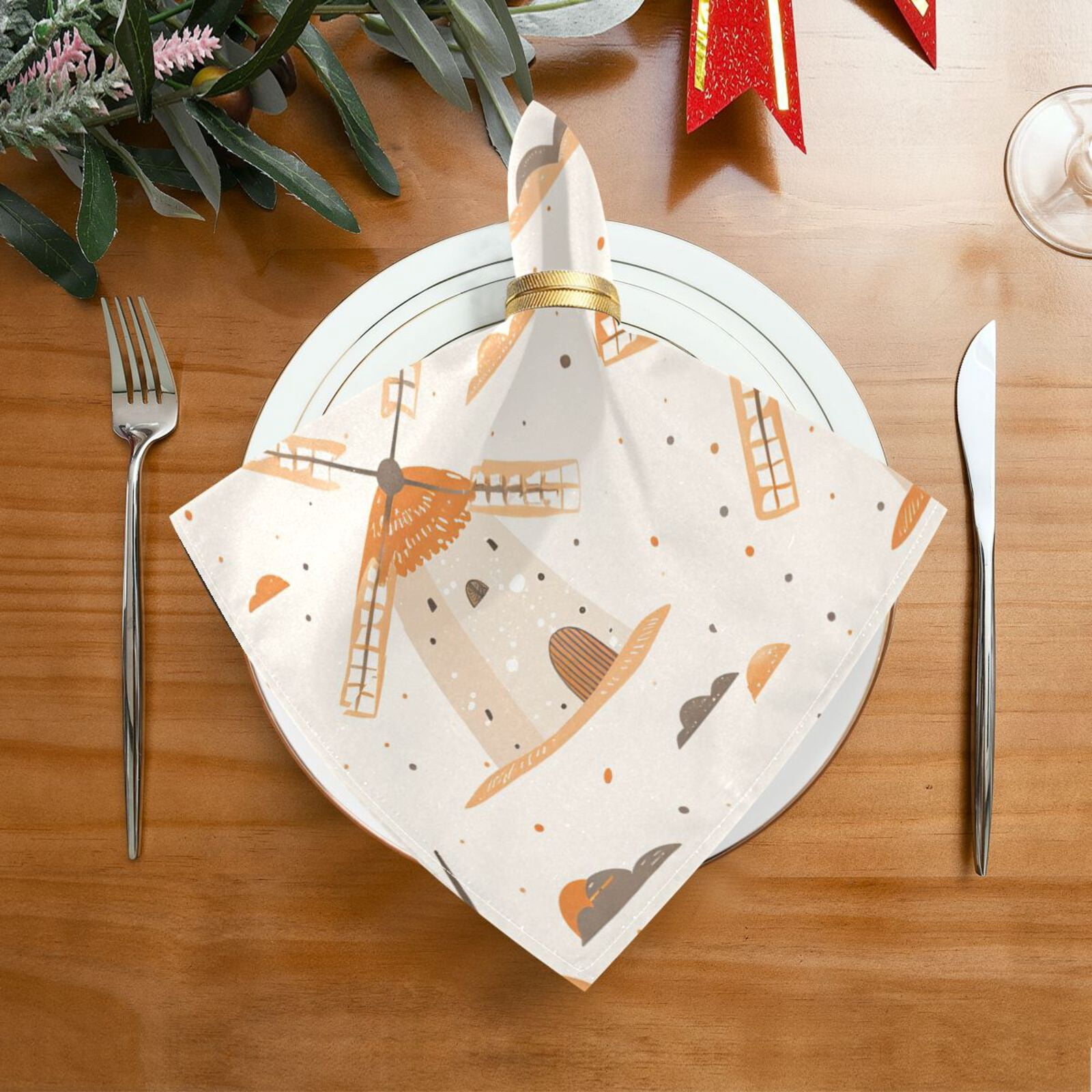 JSTEL Orange Windmill Polka Dots Cloth Napkins Set of 6, 20x20 Inch Washable and Reusable Napkin for Decoupage Dinner Party Everyday Use