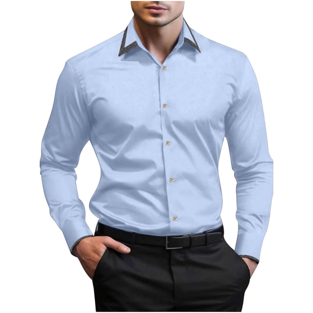 Ceisia Men's Slim Fit Long Sleeve Button-Down Shirts - Contrast Trim Detail Light Blue M Gifts