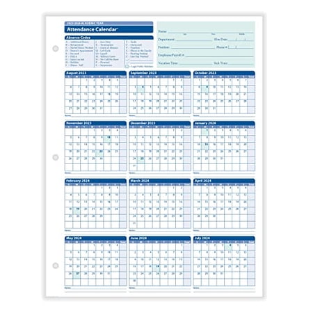 ComplyRight 2023-2024 Academic Attendance Calendar, 8 1/2" x 11", Pack Of 50