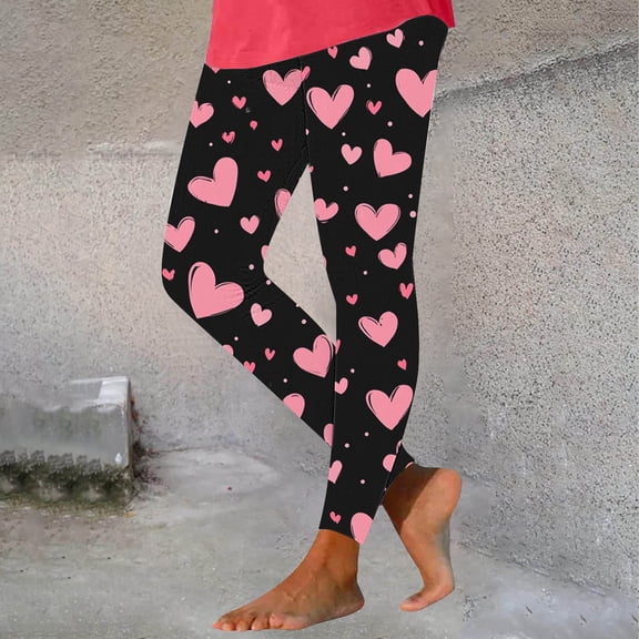 Hueook Cotton Leggings For Women Valentines Women's Valentine's Day Printed Casual Fitness Sports Elastic Yoga Pants Leggings Long Pants Pink M