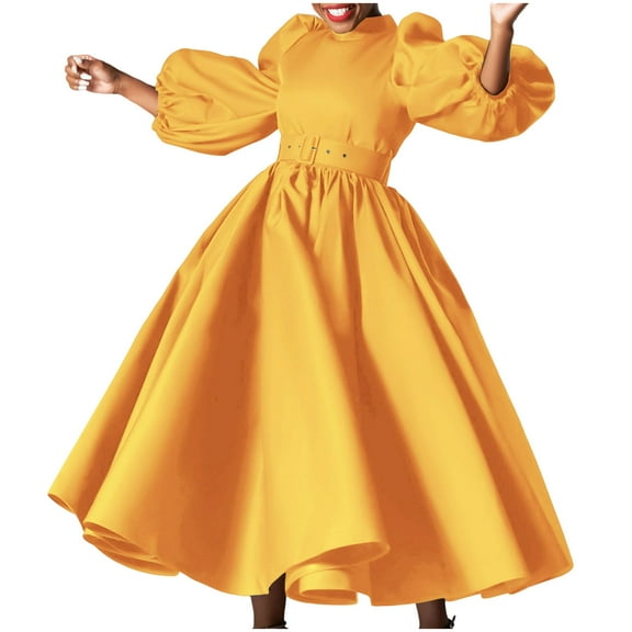 Sexlip Women's Bubble Long Sleeve Maxi Dress Church Cocktail African Formal Swing Dresses Plus Size Wedding Guest Dress Yellow XXXL