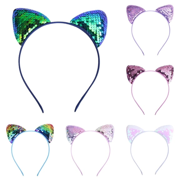 6 Pcs Carnival Glitter Cat Ears Headband Mardi Gras Headwear with Sequin Kitten Ears Shiny Sequin Hair Cute Party Hair Accessories Hairband for Adults Women Raves Festival Party(A)
