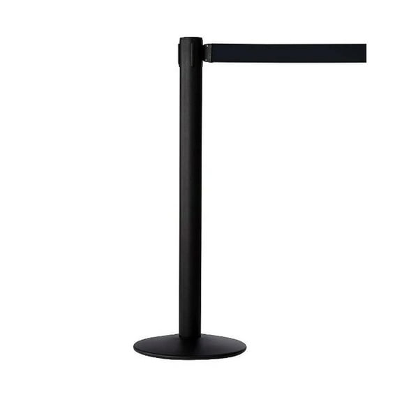 M&T Displays Crowd Control Stanchion Barriers Queue Post 37 inch High Safety Barrier Stands Line Dividers Retractable Black Belt 9.85'/118" Heavy Base Floor Standing Steel Indoor Outdoor (4-Pack)