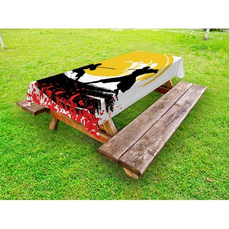 

Japanese Outdoor Tablecloth Watercolor Style Silhouette Ninjas in the Moonlight Medieval Decorative Washable Fabric Picnic Tablecloth 58 X 120 Inches Vermilion Mustard and Black by Ambesonne
