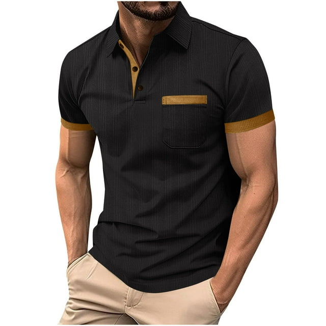 Ohufall Hauts pour Hommes Été Col Rabattu Manches Courtes Patchwork T-Shirts Mode Confortables Poches Solides Tee