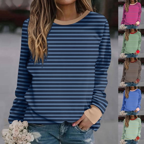 Pxxlle Plus Size Sweatshirts for Women Trendy Striped Graphic Sweatshirt Fall Long Sleeve Pullovers Loose Casual Crew Neck Tops Blue L