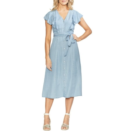 Famous Brand Womens Ruffle Front Chambray Midi Dress XXS Bayside Wash