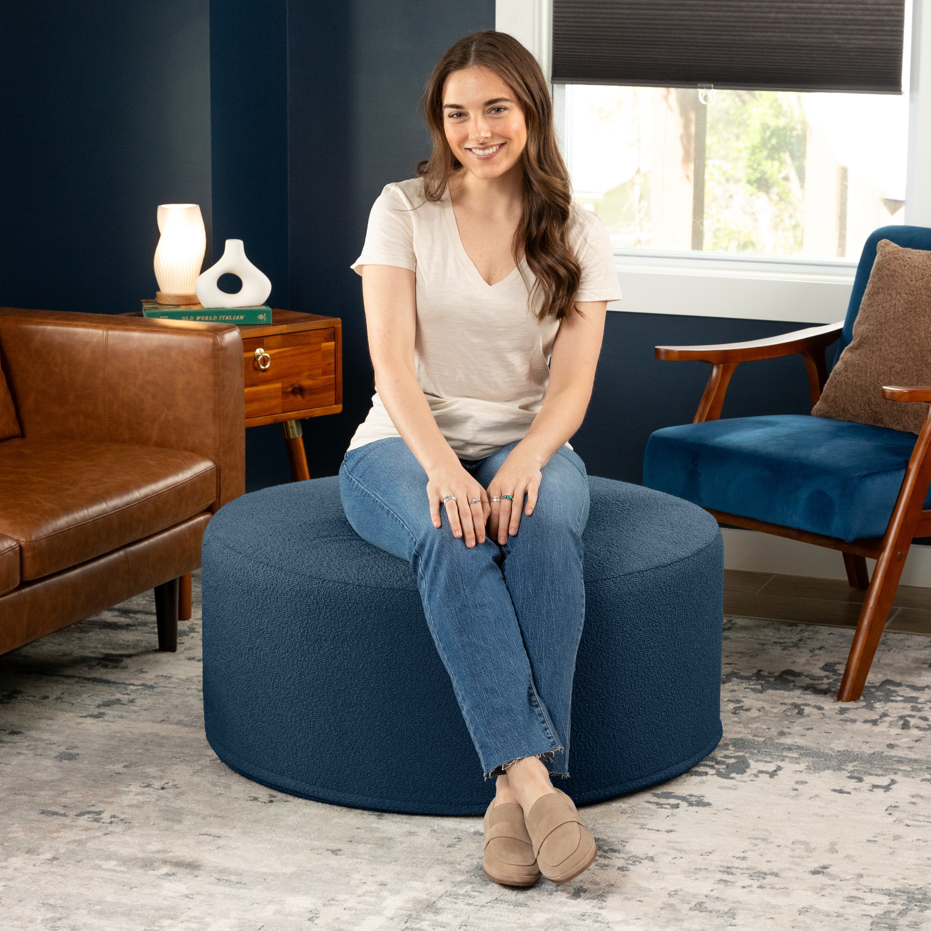 Jaxx Candler Round Coffee Table Ottoman, Large, 36-Inch, Boucle Navy