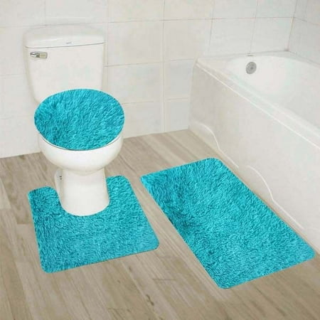 Bath Mats Large Size #9 Turquoise 3-Piece Solid Plain Shaggy Bathroom Rug Set, Large Bath Mat 20
