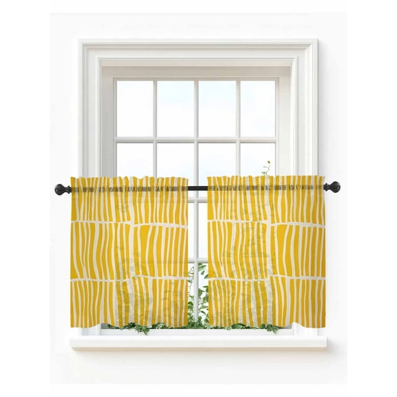 Yellow Striped Tier Curtains 24 Inch Length, Sheer Curtains for Bedroom Living Room Window Modern Geometric Abstract Retro Rod Pocket Drapes Kitchen Curtains Small Half Window 27.5"x24" 2 Panels
