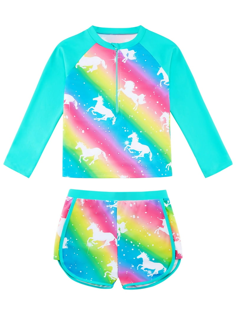 Esho Toddler Girls Rash Guard Swimsuit, Long Sleeve, 2-Piece, Ages