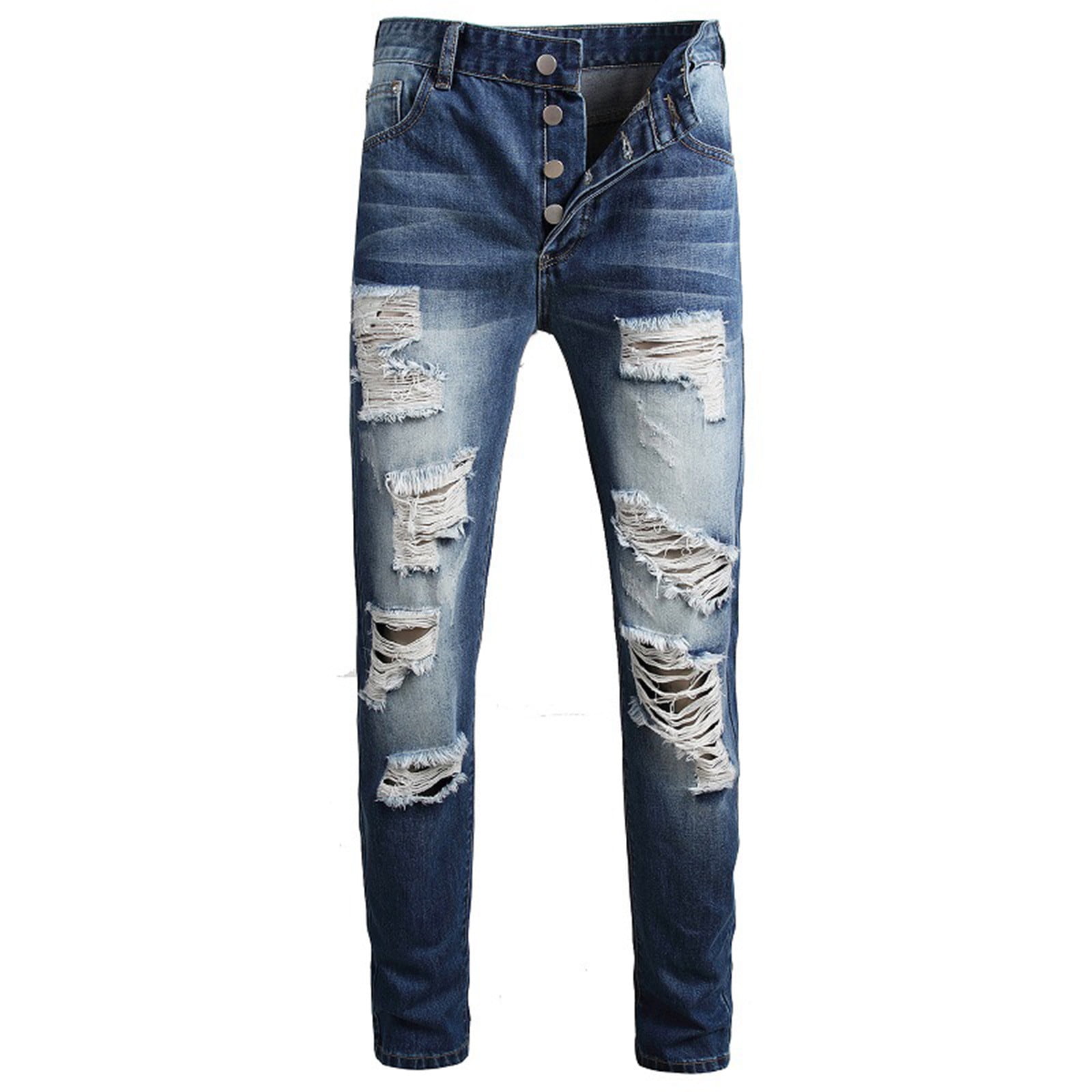 Men's Cool Ripped Distressed Slim Straight Leg Denim Jeans Outwear - Walmart.com