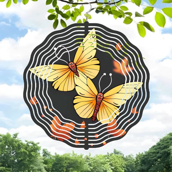 Vibrant Metal Hanging Wind Spinners with Butterfly Design Orange & Yellow Wings Symmetrical Patterns for Yard & Garden Decor