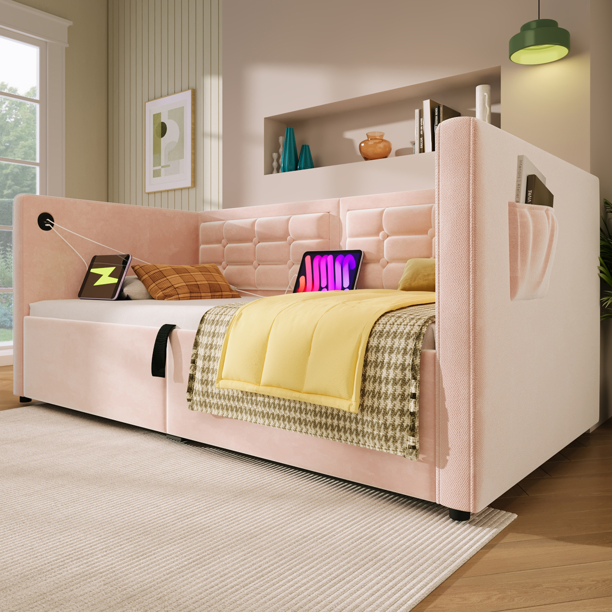 Euroco Upholstered Twin Size Daybed with Hydraulic Storage, Sofa Bed with USB Charging Station, Pink
